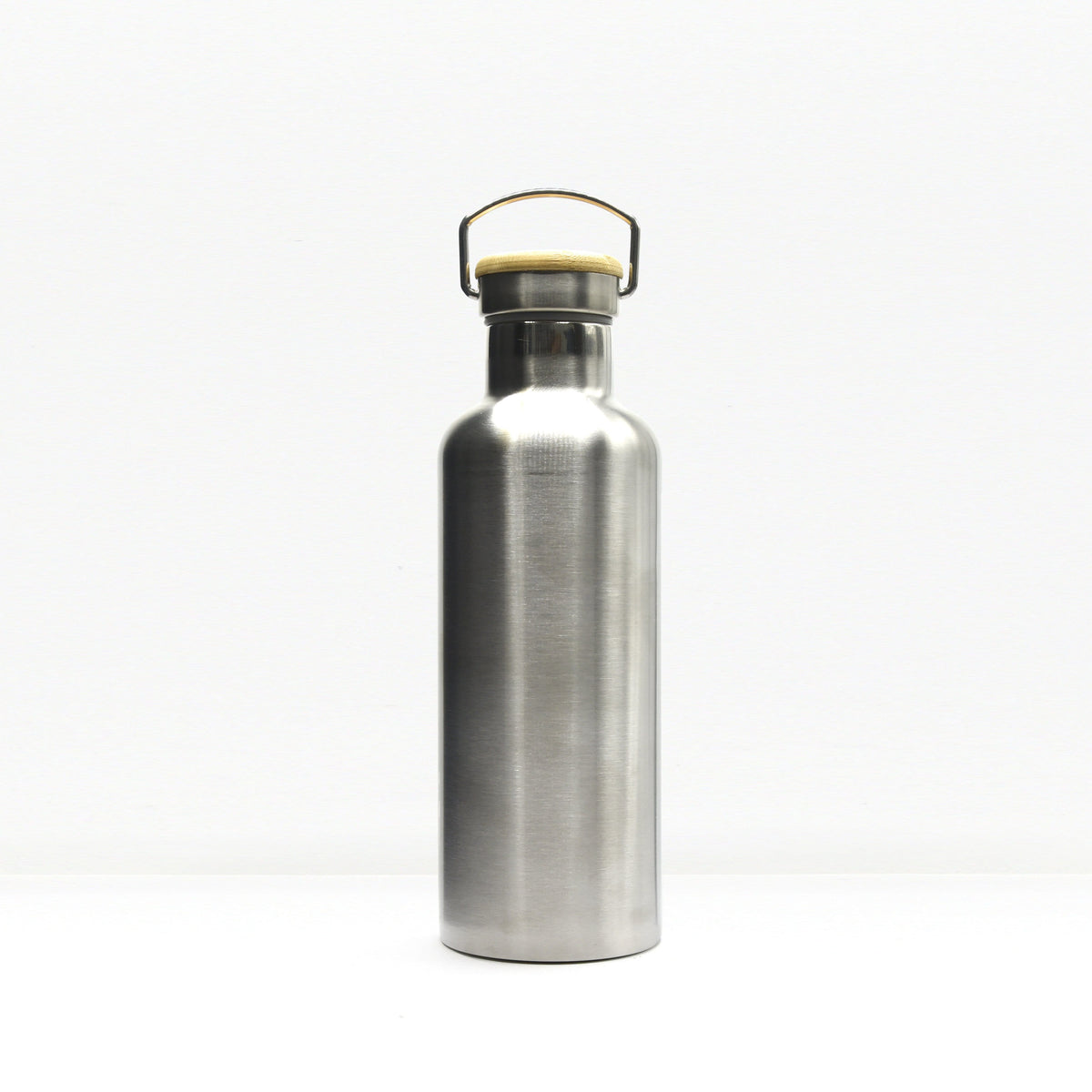 Top portion of the stainless steel insulated water bottle with wooden cap and curved handle against a white background.