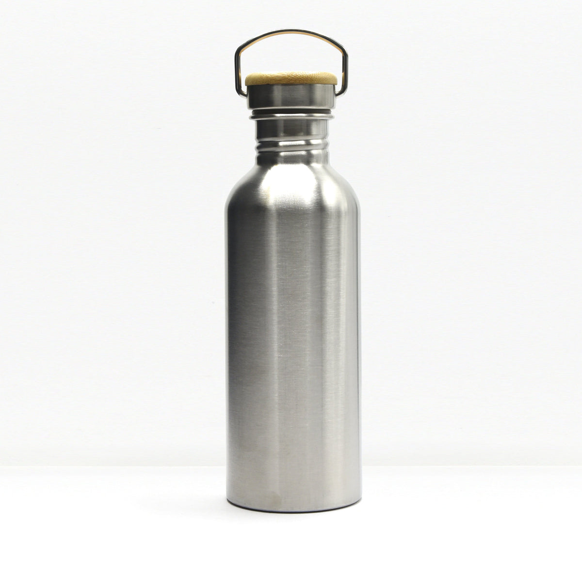 Close up of a non insulated stainless steel water bottle neck with a built in carry handle and visible threading