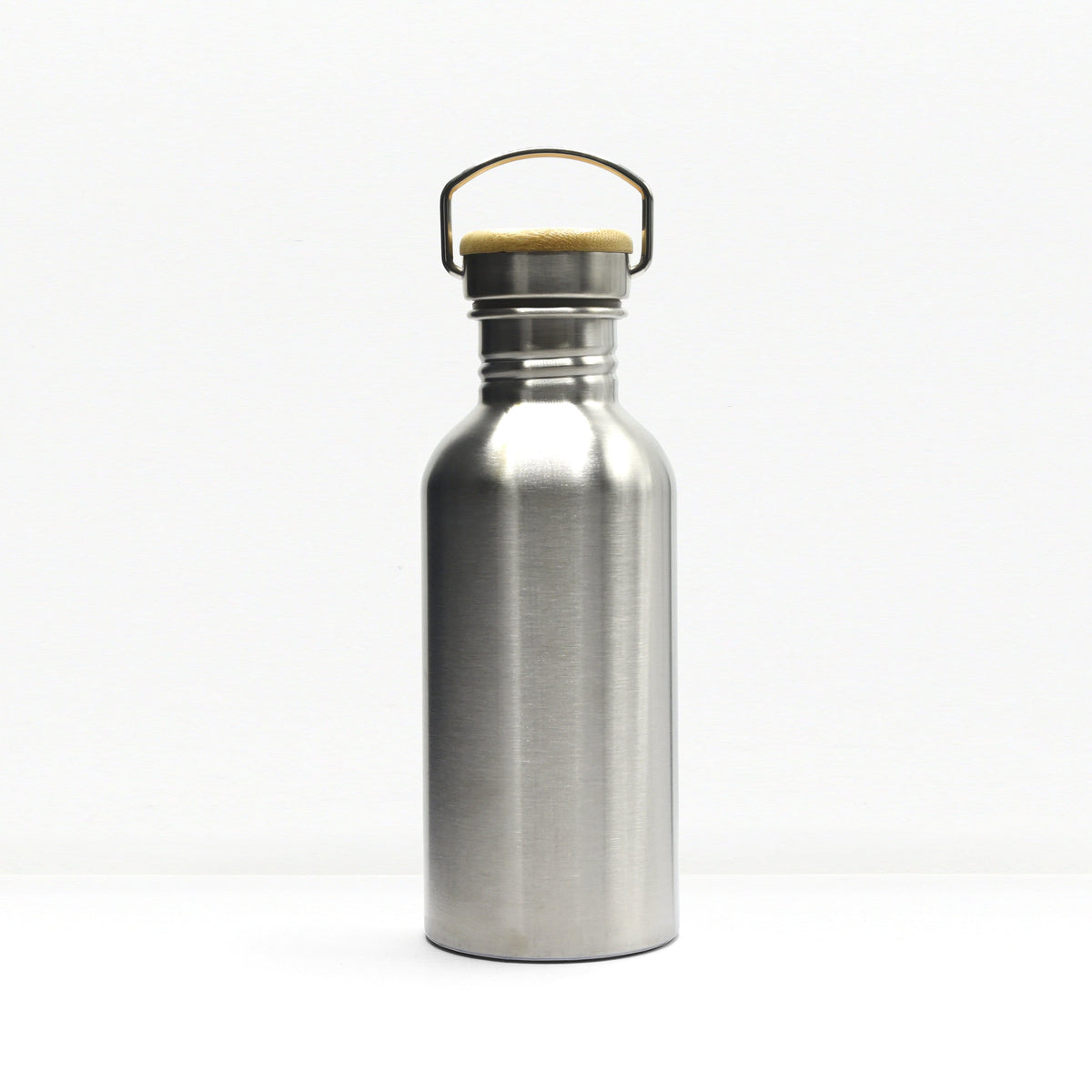 Close up of a stainless steel water bottle neck with a curved wire handle and tan lid against a white background