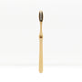 Single bamboo toothbrush standing upright against a plain white background