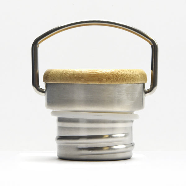Stainless steel bottle lid with a wooden grip and curved wire handle