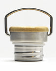 Stainless steel bottle lid with a wooden grip and curved wire handle