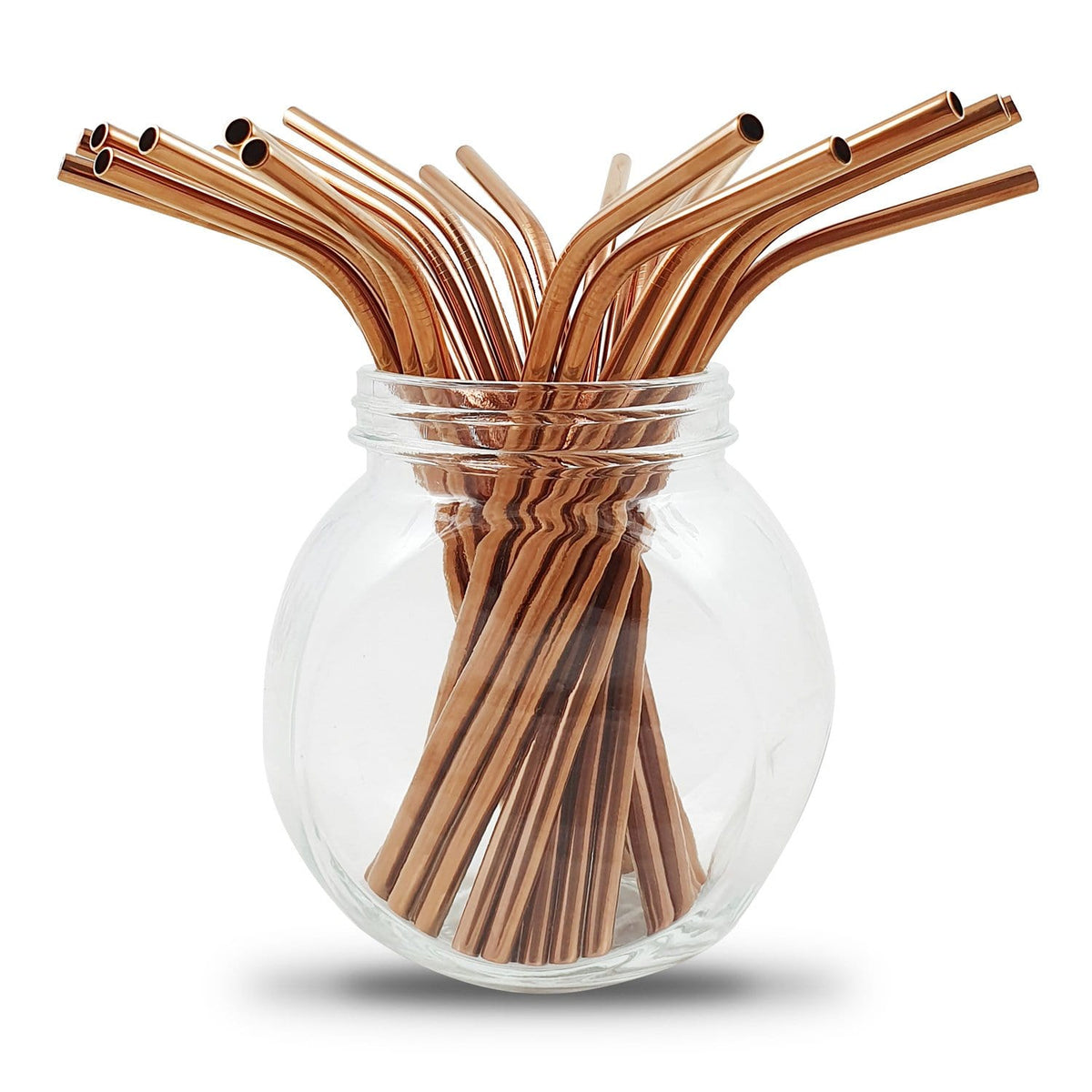 Copper colored metal straws in a glass jar from a bulk pack of 100