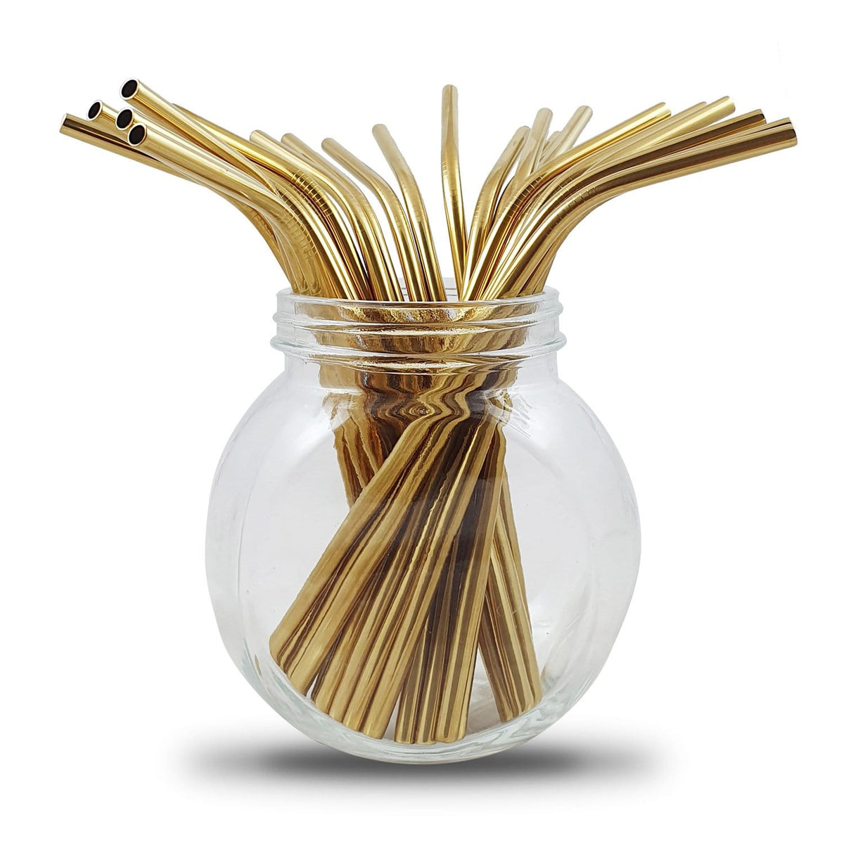 Gold metal drinking straws in a glass jar from a bulk pack of 100