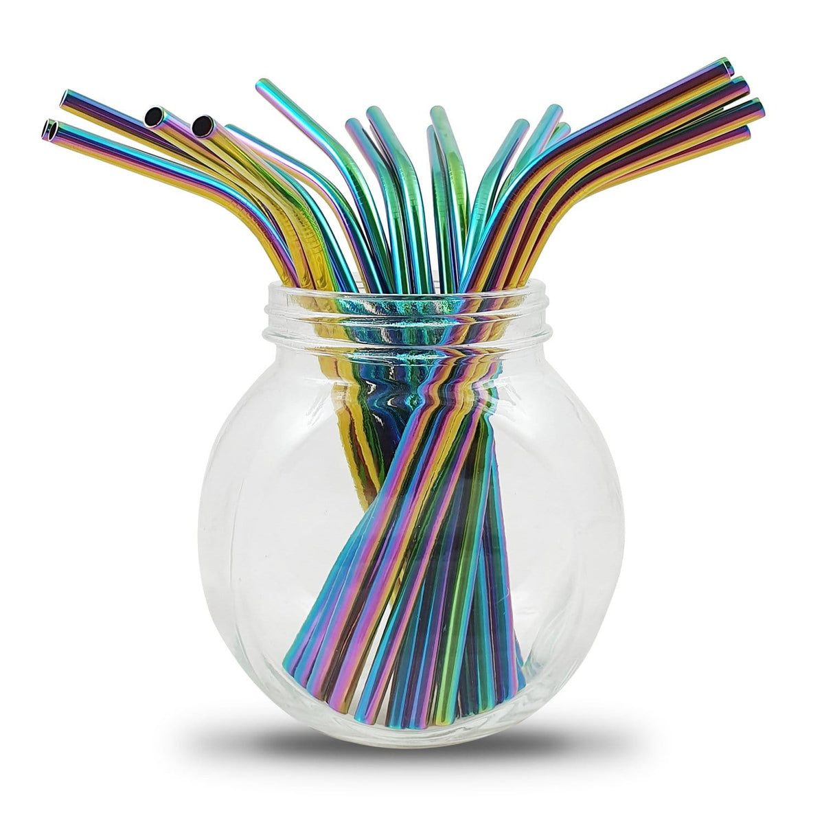 Rainbow metal drinking straws fanning out of a glass jar