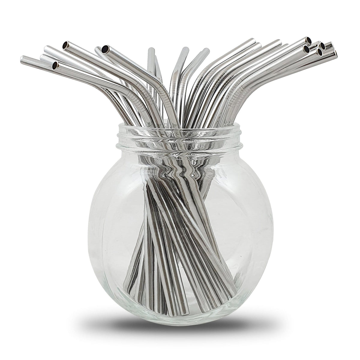 Silver stainless steel curved straws in a glass jar from the bulk pack of 100