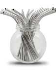 Silver stainless steel curved straws in a glass jar from the bulk pack of 100