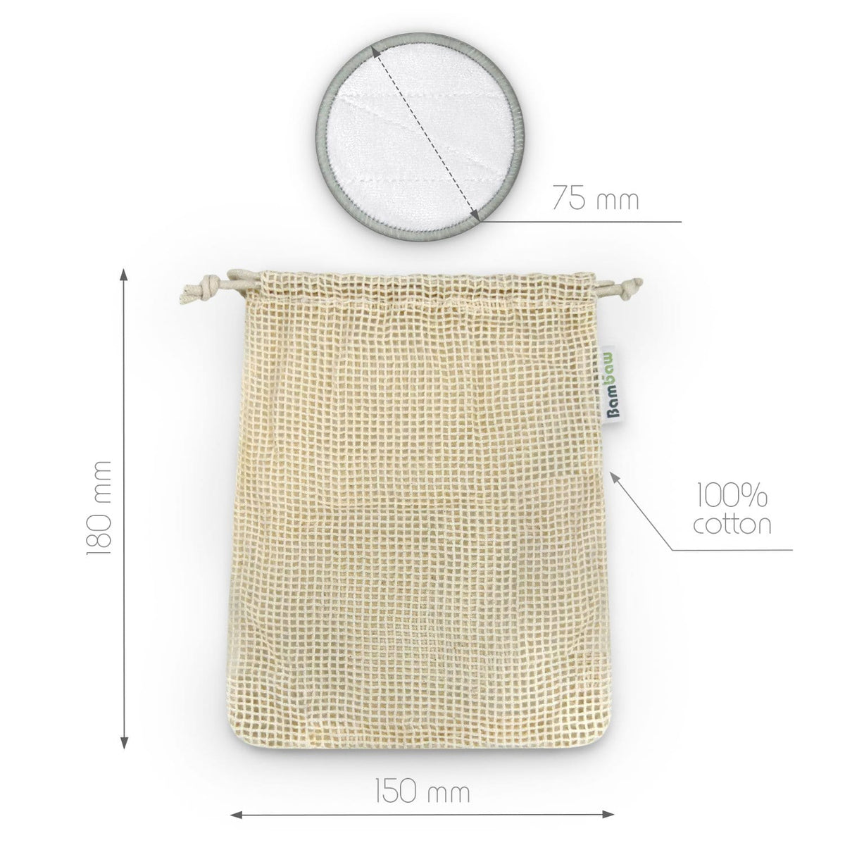 Close up of a 75 mm round reusable makeup pad with a cotton mesh bag and dimension graphics.