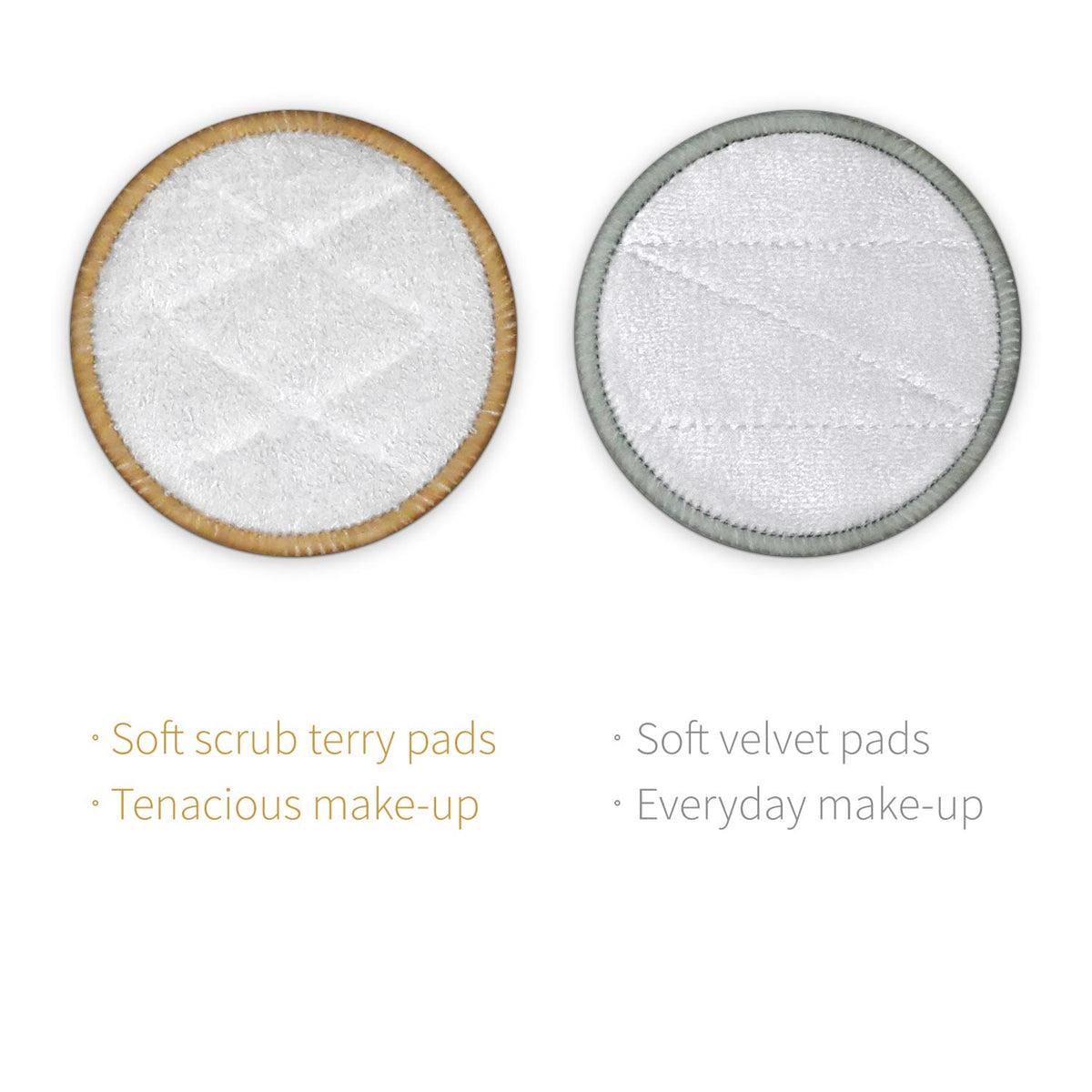 Two round reusable makeup removal pads with beige and gray edges shown side by side.