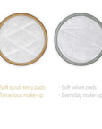 Two round reusable makeup removal pads with beige and gray edges shown side by side.