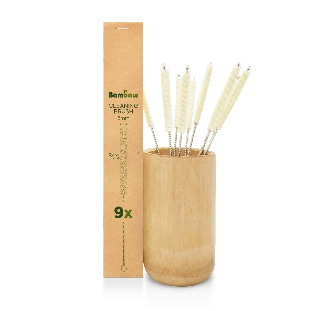 Nine cotton straw cleaning brushes with twisted metal handles beside a tall brown box and bamboo holder.