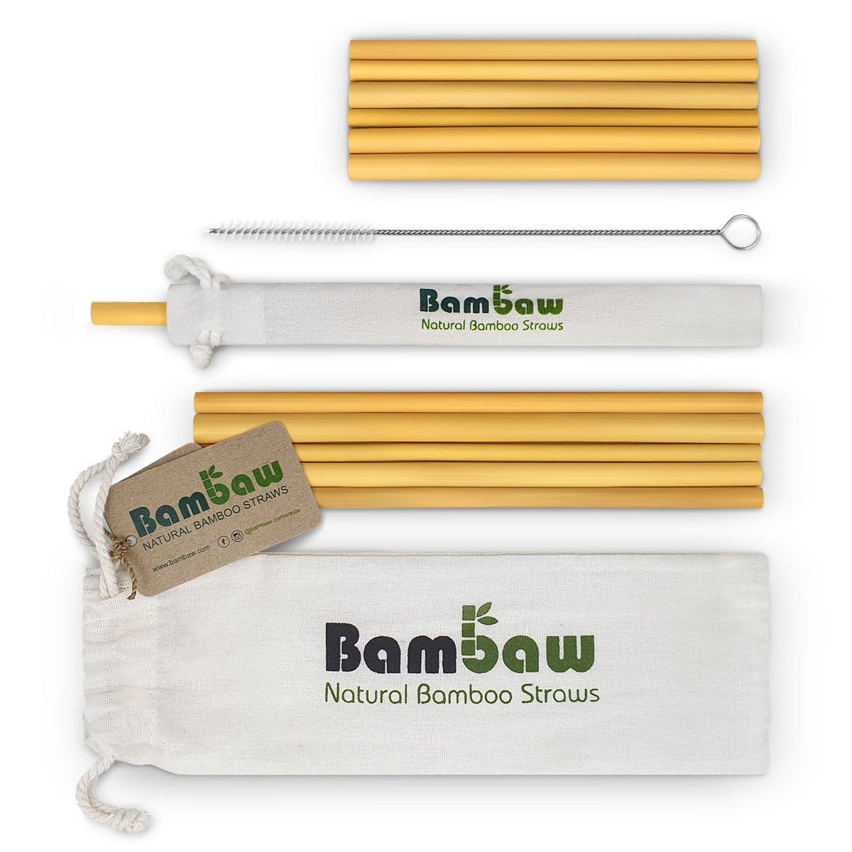 Multiple bamboo drinking straws with a cleaning brush and branded cloth bag and tag