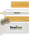 Multiple bamboo drinking straws with a cleaning brush and branded cloth bag and tag