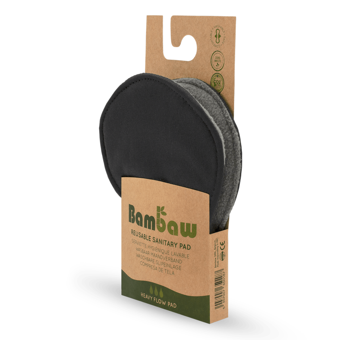 Bambaw reusable sanitary pad in cardboard packaging labeled heavy flow pad