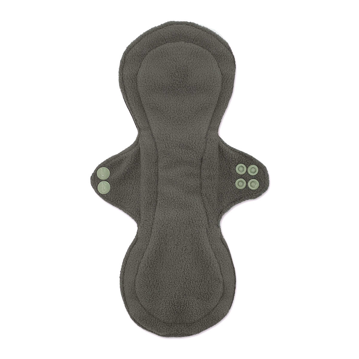 Dark gray contoured reusable sanitary pad with wings and snap fasteners