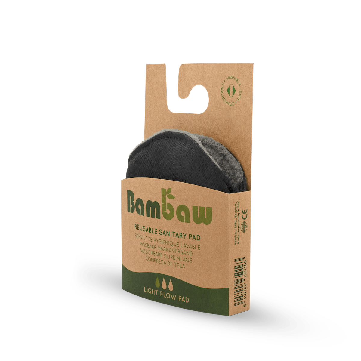 Bambaw reusable panty liner in brown cardboard packaging with a black pad visible