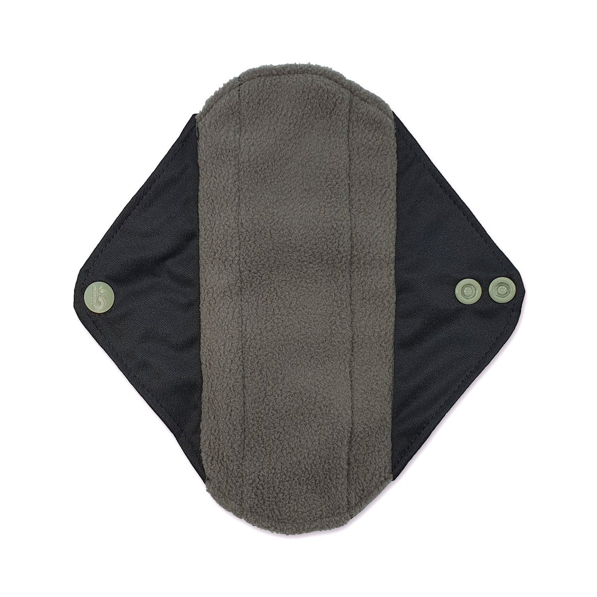 Close up of reusable sanitary pad with gray center and black wings