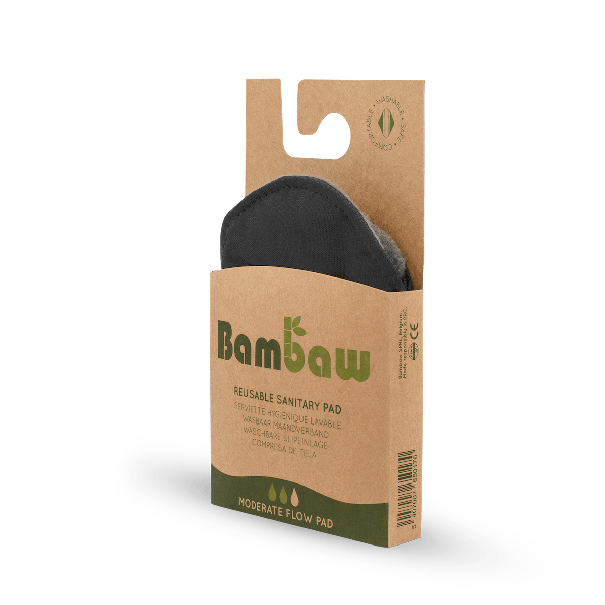 Bambaw reusable sanitary pad in brown cardboard packaging with green logo