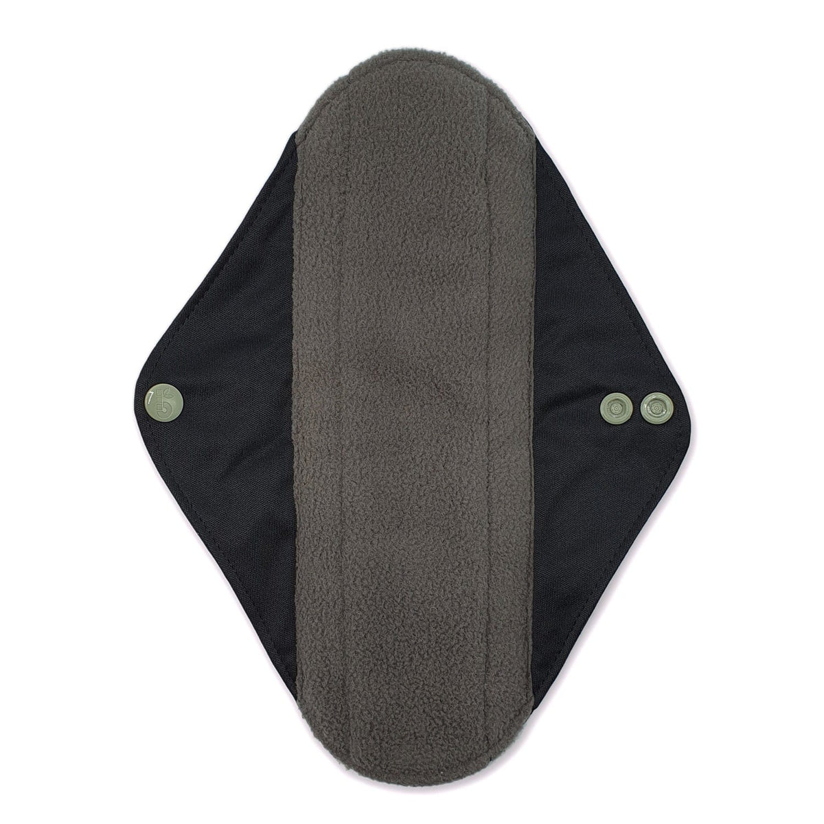 Reusable panty liner with black wings and a soft gray fleece center