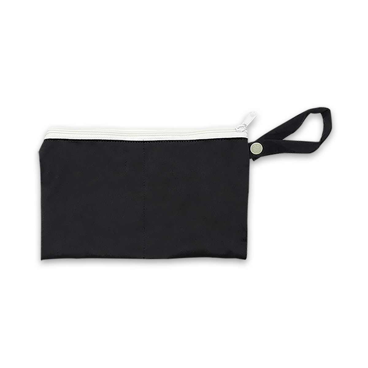Small black zip pouch with white zipper and wrist strap for storing a reusable panty liner