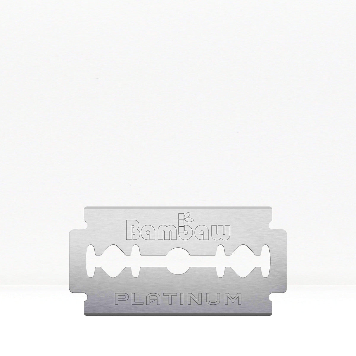 A single safety razor blade with platinum coating, with the brand name 'Bambaw' visible on it.