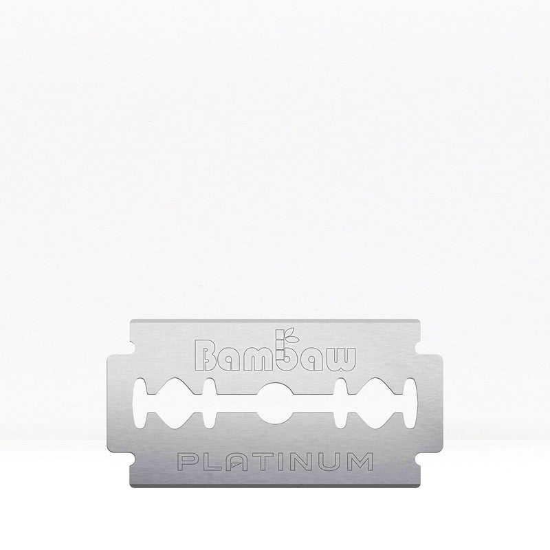 A single safety razor blade with platinum coating, with the brand name 'Bambaw' visible on it.