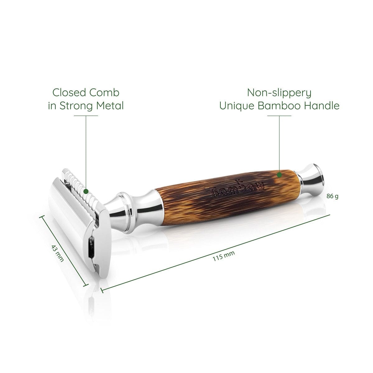 Bamboo safety razor with a strong metal head and closed comb, 115 mm long.