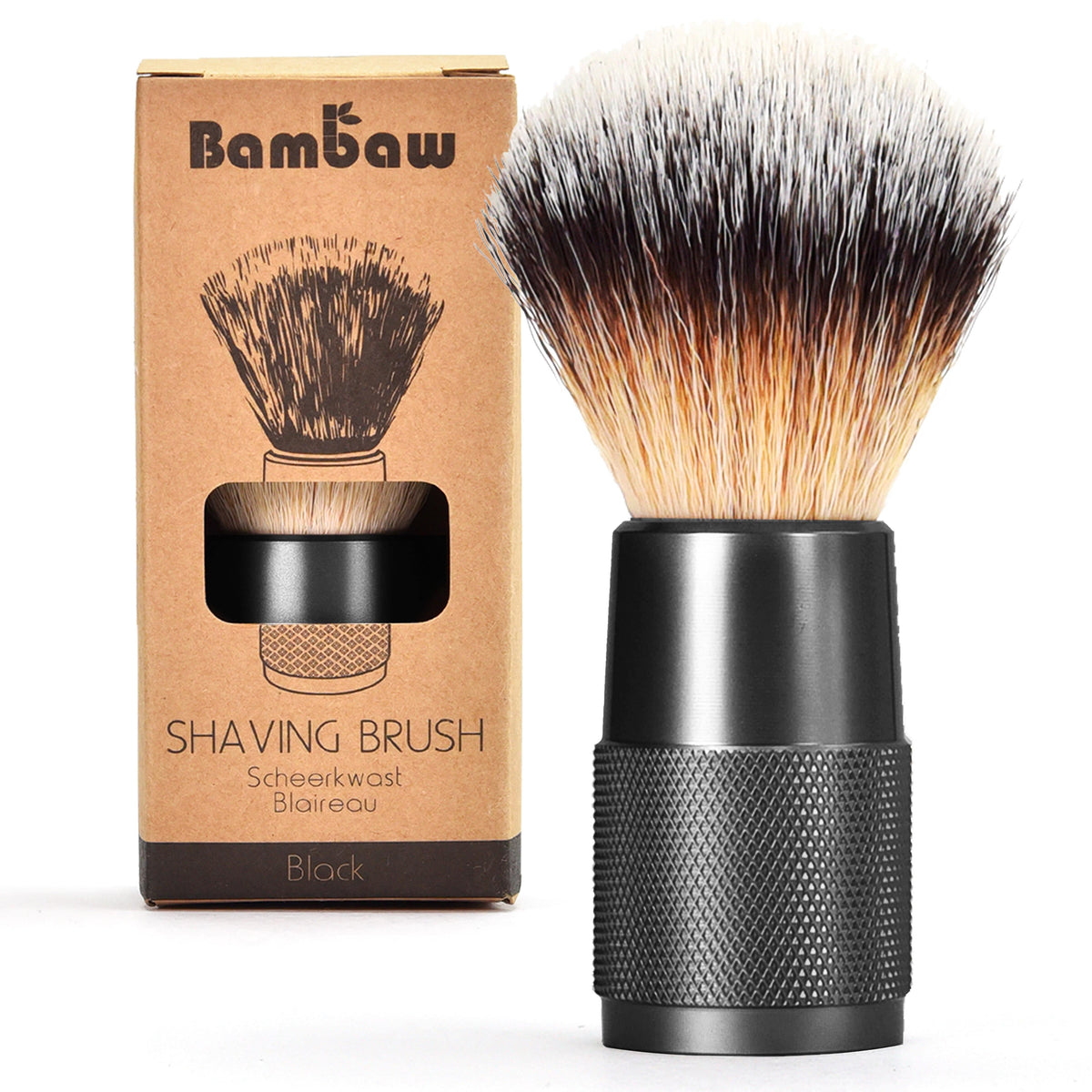 Shaving brush displayed beside its kraft packaging featuring a brush illustration