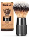 Shaving brush displayed beside its kraft packaging featuring a brush illustration